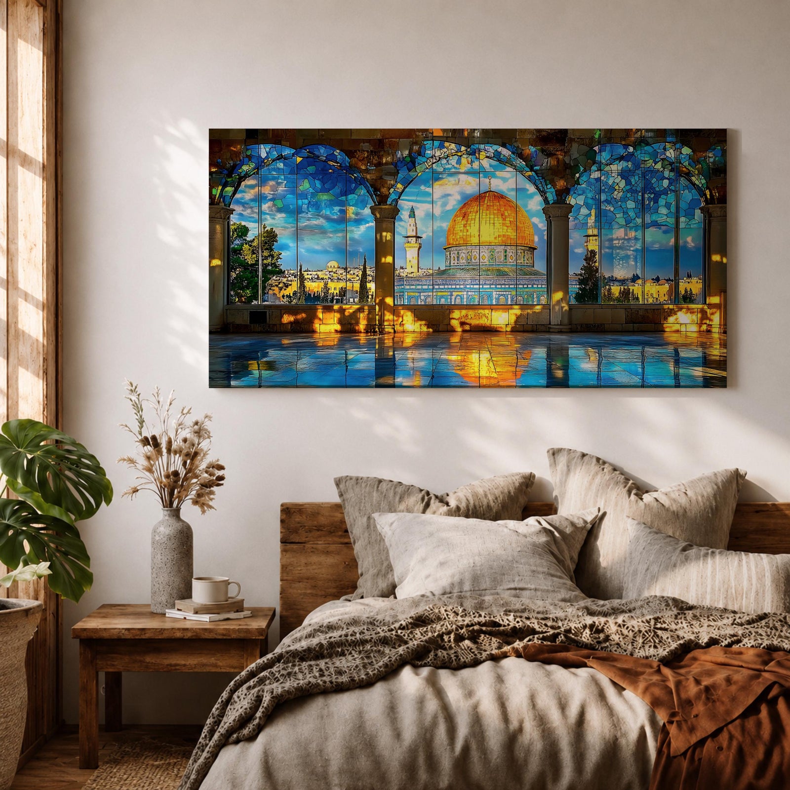 Panoramic artwork depicting the Dome of the Rock with its golden dome rising above detailed blue tiled architecture. The scene is framed by large stone arches and stained glass panels while sunlight reflects across the floor, highlighting the historic Jerusalem landmark beneath a bright sky.