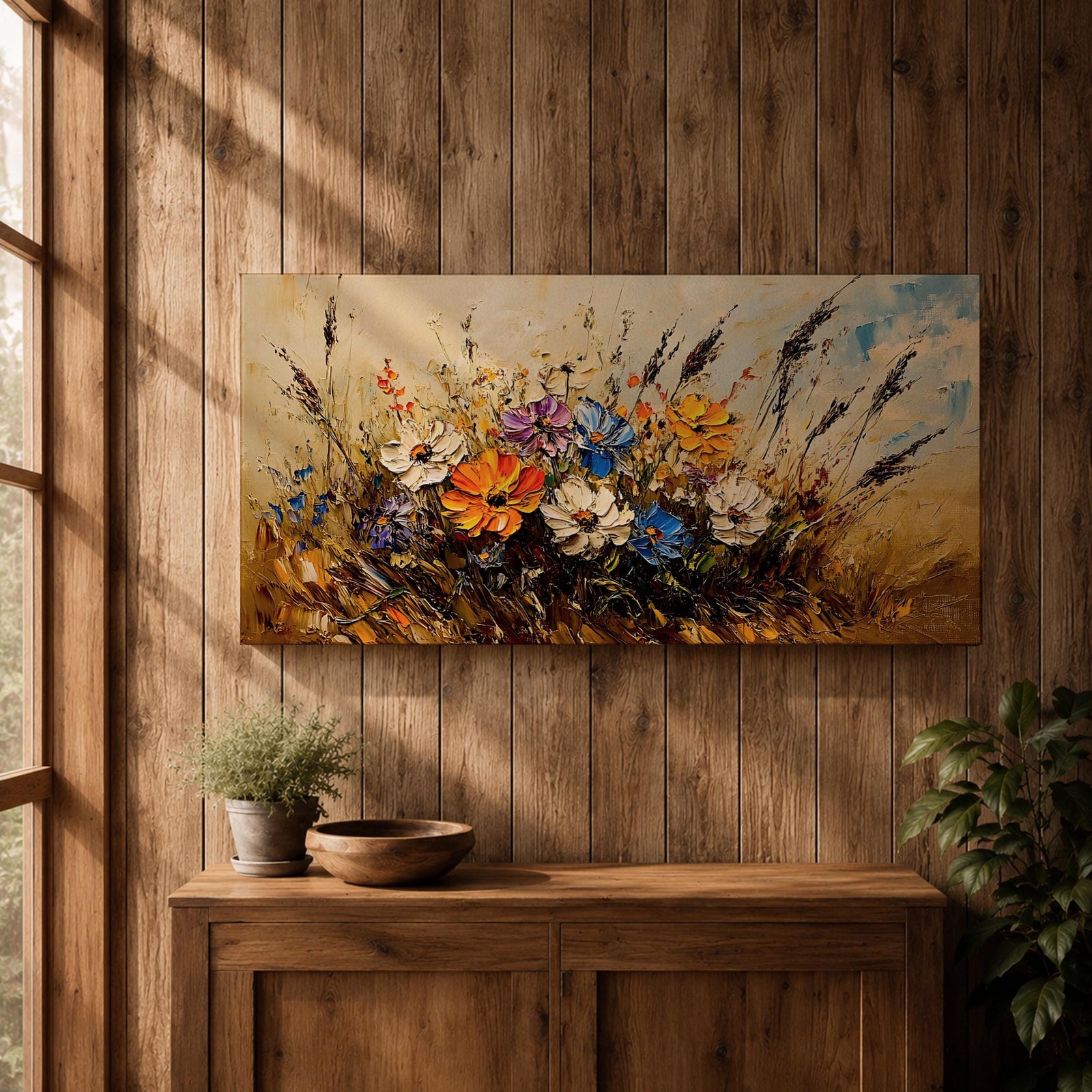 Panoramic painting depicting a vibrant cluster of wildflowers growing through tall meadow grasses. Bright blossoms in orange, blue, purple, and white rise from textured golden stems while loose expressive brushstrokes create movement across the floral arrangement and surrounding field.