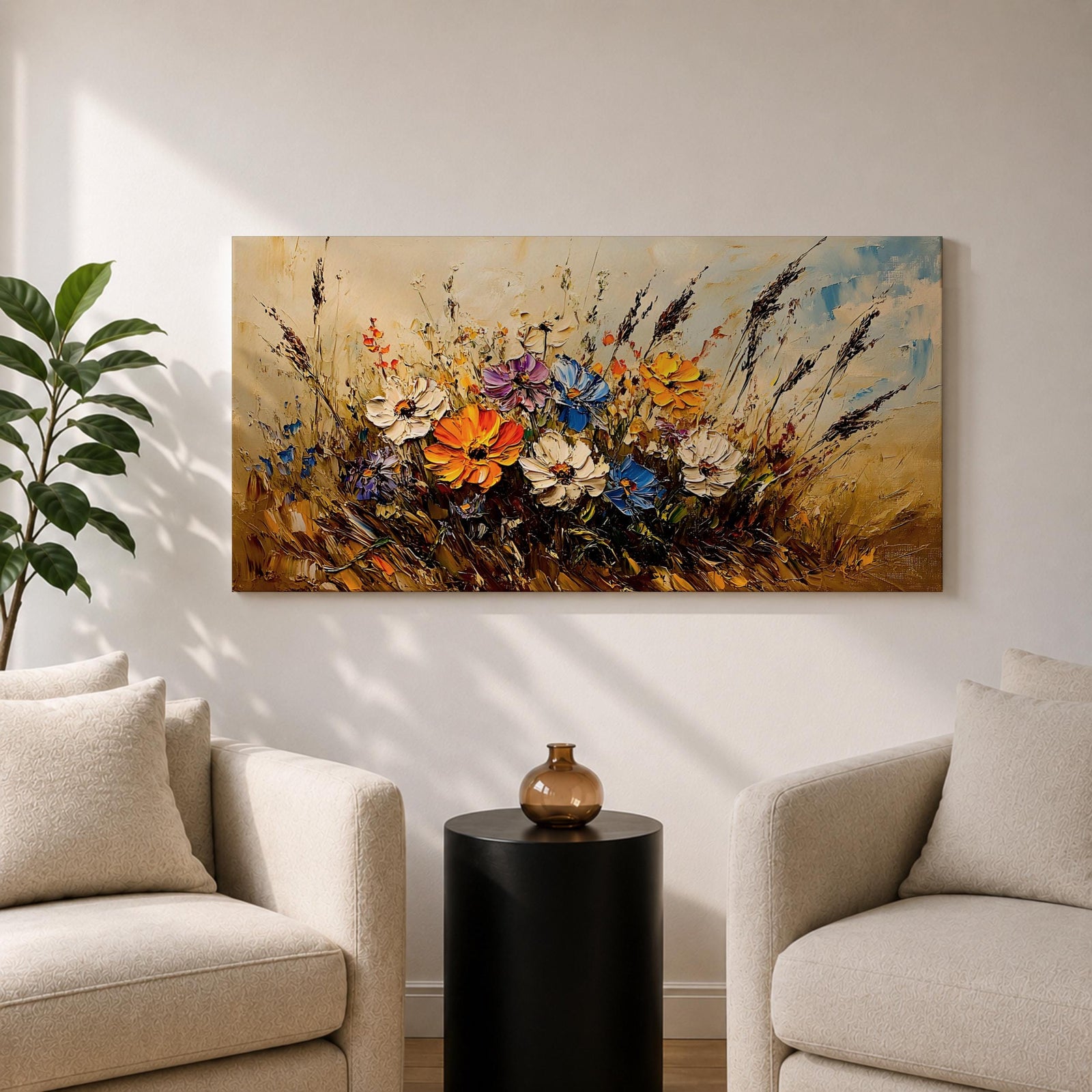 Panoramic painting depicting a vibrant cluster of wildflowers growing through tall meadow grasses. Bright blossoms in orange, blue, purple, and white rise from textured golden stems while loose expressive brushstrokes create movement across the floral arrangement and surrounding field.