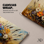 Panoramic painting depicting a vibrant cluster of wildflowers growing through tall meadow grasses. Bright blossoms in orange, blue, purple, and white rise from textured golden stems while loose expressive brushstrokes create movement across the floral arrangement and surrounding field.