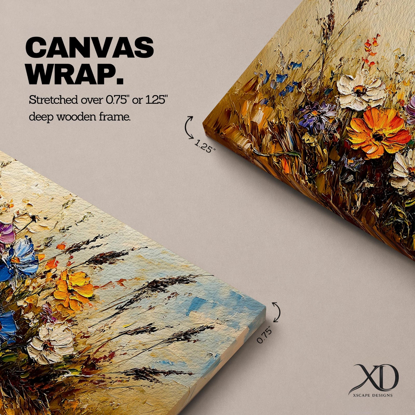 Panoramic painting depicting a vibrant cluster of wildflowers growing through tall meadow grasses. Bright blossoms in orange, blue, purple, and white rise from textured golden stems while loose expressive brushstrokes create movement across the floral arrangement and surrounding field.