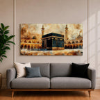 A panoramic painting of the Kaaba at the center of Masjid Al Haram in Mecca, surrounded by mosque arcades and tall minarets with pilgrims gathered around the sacred structure, rendered in warm golden and earth toned brushstrokes with expressive texture highlighting the iconic Islamic sanctuary.