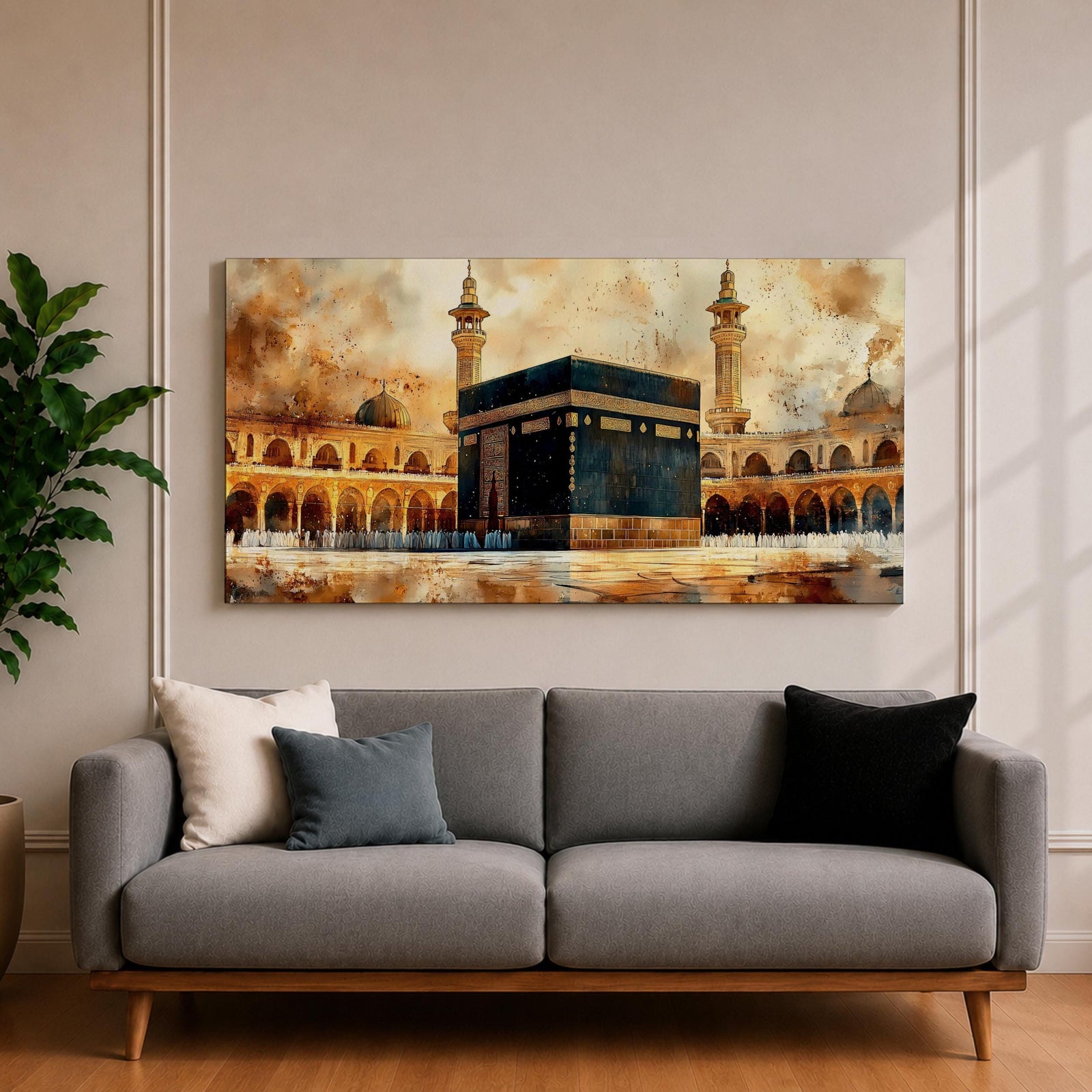 A panoramic painting of the Kaaba at the center of Masjid Al Haram in Mecca, surrounded by mosque arcades and tall minarets with pilgrims gathered around the sacred structure, rendered in warm golden and earth toned brushstrokes with expressive texture highlighting the iconic Islamic sanctuary.