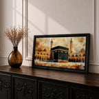 A panoramic painting of the Kaaba at the center of Masjid Al Haram in Mecca, surrounded by mosque arcades and tall minarets with pilgrims gathered around the sacred structure, rendered in warm golden and earth toned brushstrokes with expressive texture highlighting the iconic Islamic sanctuary.
