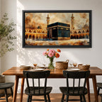 A panoramic painting of the Kaaba at the center of Masjid Al Haram in Mecca, surrounded by mosque arcades and tall minarets with pilgrims gathered around the sacred structure, rendered in warm golden and earth toned brushstrokes with expressive texture highlighting the iconic Islamic sanctuary.