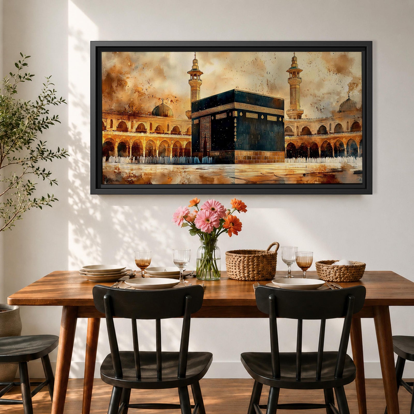 A panoramic painting of the Kaaba at the center of Masjid Al Haram in Mecca, surrounded by mosque arcades and tall minarets with pilgrims gathered around the sacred structure, rendered in warm golden and earth toned brushstrokes with expressive texture highlighting the iconic Islamic sanctuary.