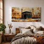A panoramic painting of the Kaaba at the center of Masjid Al Haram in Mecca, surrounded by mosque arcades and tall minarets with pilgrims gathered around the sacred structure, rendered in warm golden and earth toned brushstrokes with expressive texture highlighting the iconic Islamic sanctuary.