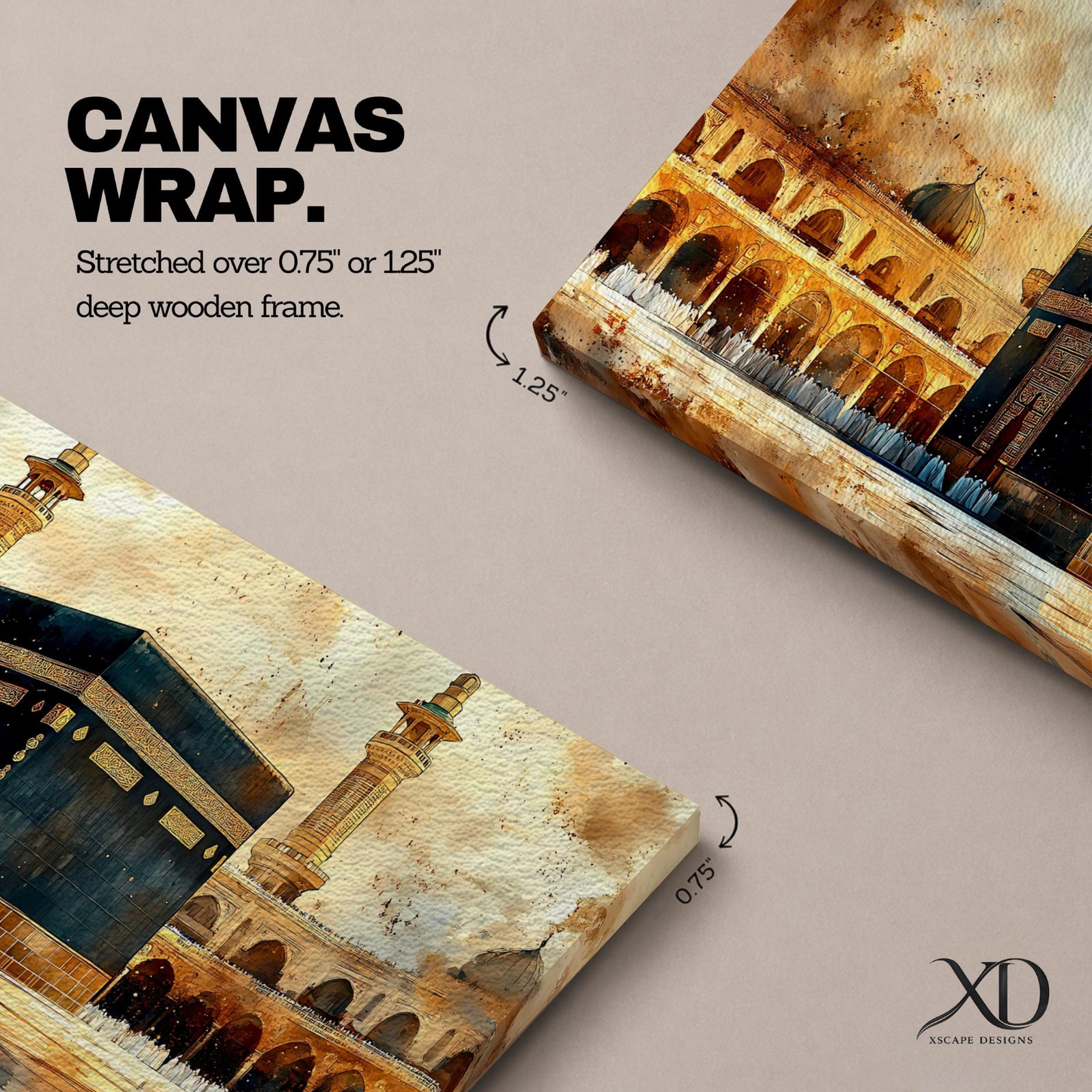 A panoramic painting of the Kaaba at the center of Masjid Al Haram in Mecca, surrounded by mosque arcades and tall minarets with pilgrims gathered around the sacred structure, rendered in warm golden and earth toned brushstrokes with expressive texture highlighting the iconic Islamic sanctuary.