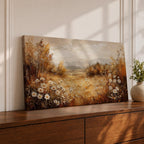 Panoramic landscape painting depicting a golden autumn meadow with white daisies blooming along the foreground. Warm earthy tones fill the grassy field while trees with autumn foliage frame the scene and distant hills fade softly beneath a calm sky.