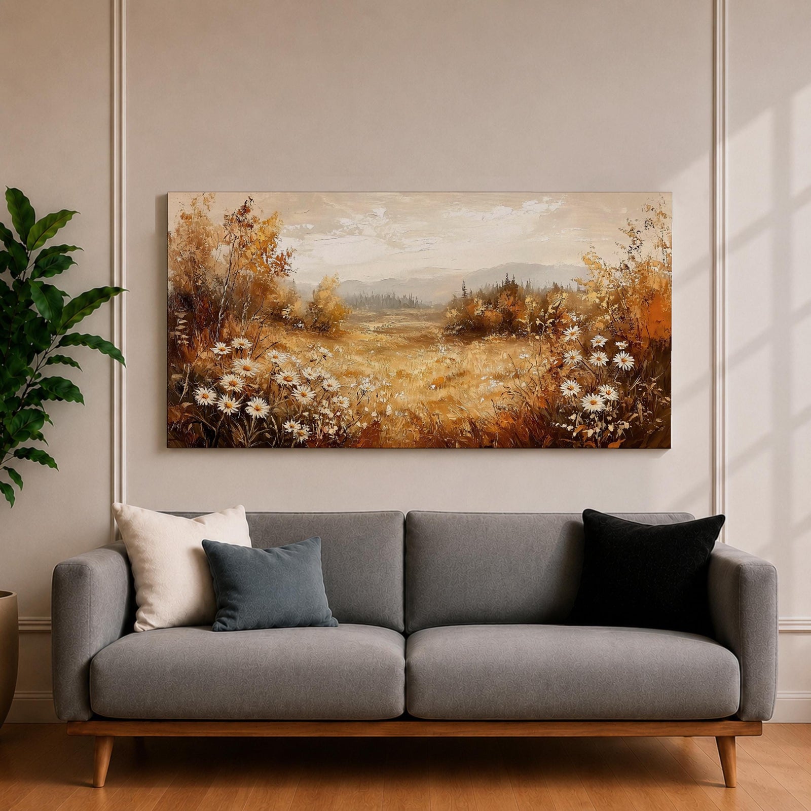 Panoramic landscape painting depicting a golden autumn meadow with white daisies blooming along the foreground. Warm earthy tones fill the grassy field while trees with autumn foliage frame the scene and distant hills fade softly beneath a calm sky.