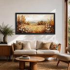 Panoramic landscape painting depicting a golden autumn meadow with white daisies blooming along the foreground. Warm earthy tones fill the grassy field while trees with autumn foliage frame the scene and distant hills fade softly beneath a calm sky.