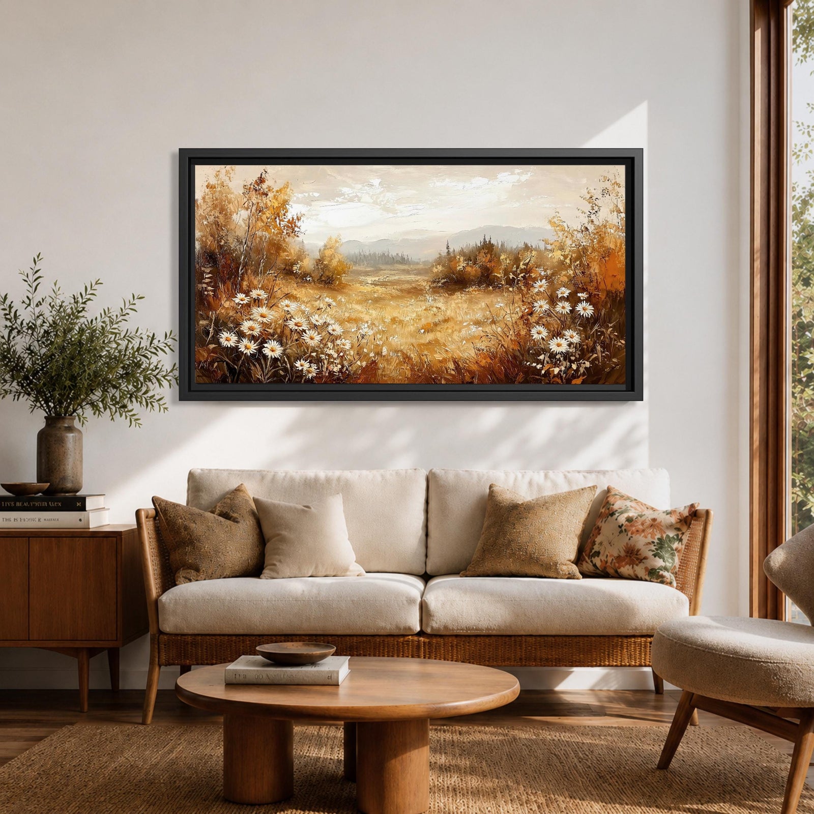 Panoramic landscape painting depicting a golden autumn meadow with white daisies blooming along the foreground. Warm earthy tones fill the grassy field while trees with autumn foliage frame the scene and distant hills fade softly beneath a calm sky.
