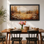 Panoramic landscape painting depicting a golden autumn meadow with white daisies blooming along the foreground. Warm earthy tones fill the grassy field while trees with autumn foliage frame the scene and distant hills fade softly beneath a calm sky.
