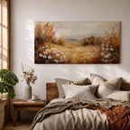 Panoramic landscape painting depicting a golden autumn meadow with white daisies blooming along the foreground. Warm earthy tones fill the grassy field while trees with autumn foliage frame the scene and distant hills fade softly beneath a calm sky.