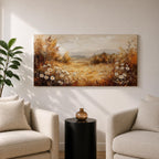 Panoramic landscape painting depicting a golden autumn meadow with white daisies blooming along the foreground. Warm earthy tones fill the grassy field while trees with autumn foliage frame the scene and distant hills fade softly beneath a calm sky.