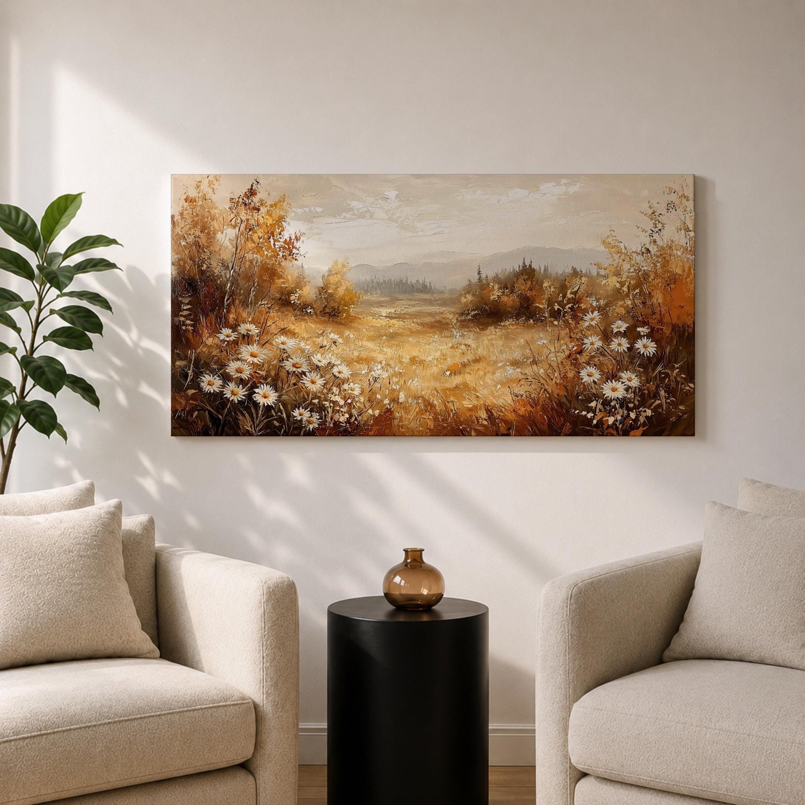 Panoramic landscape painting depicting a golden autumn meadow with white daisies blooming along the foreground. Warm earthy tones fill the grassy field while trees with autumn foliage frame the scene and distant hills fade softly beneath a calm sky.