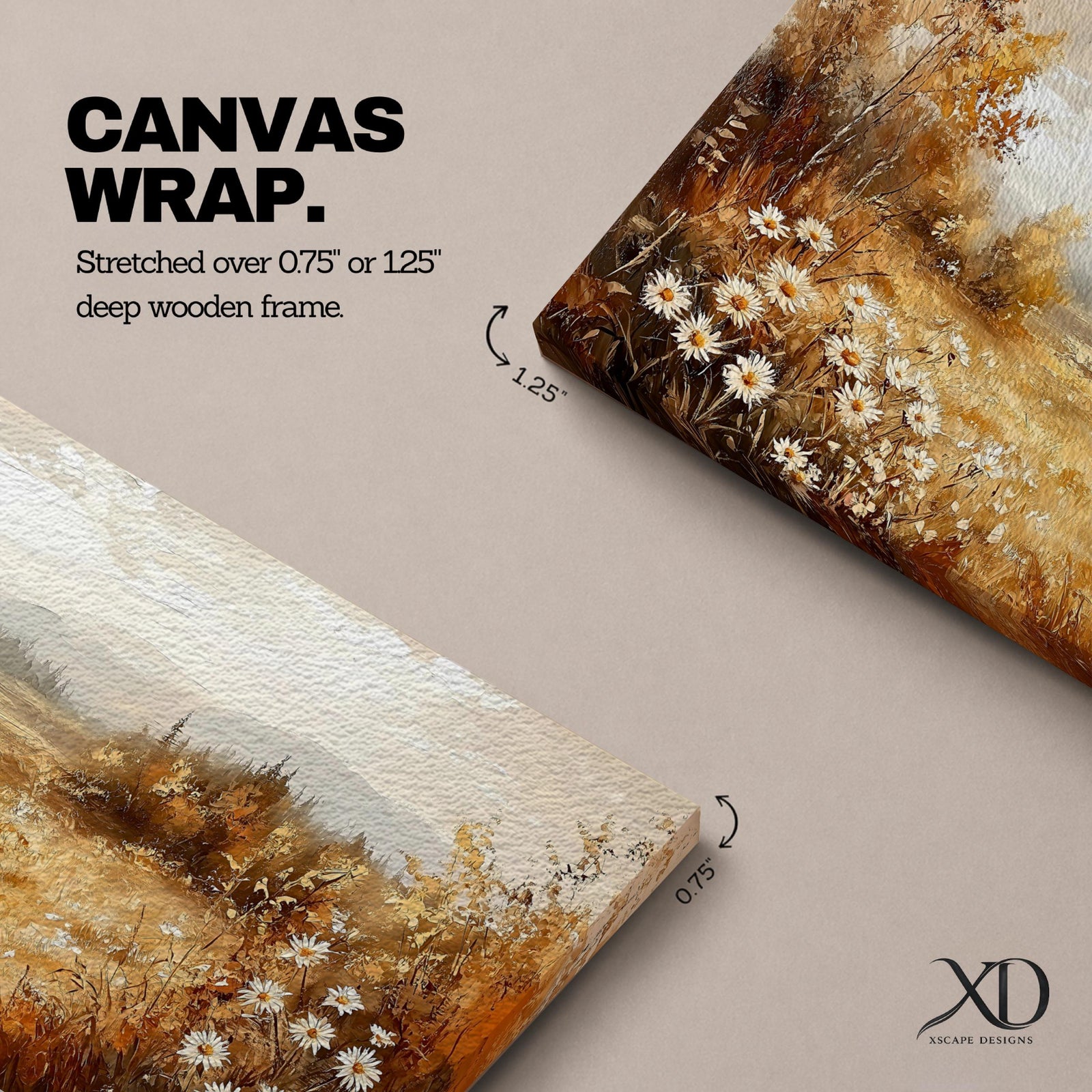 Panoramic landscape painting depicting a golden autumn meadow with white daisies blooming along the foreground. Warm earthy tones fill the grassy field while trees with autumn foliage frame the scene and distant hills fade softly beneath a calm sky.