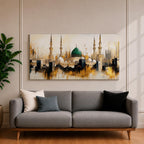 Panoramic painting depicting Masjid Nabawi in Madinah with the iconic green dome rising above the mosque complex surrounded by tall minarets and domes. The skyline is rendered with expressive brushstrokes and warm gold and neutral tones highlighting the sacred Islamic architecture.