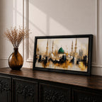 Panoramic painting depicting Masjid Nabawi in Madinah with the iconic green dome rising above the mosque complex surrounded by tall minarets and domes. The skyline is rendered with expressive brushstrokes and warm gold and neutral tones highlighting the sacred Islamic architecture.
