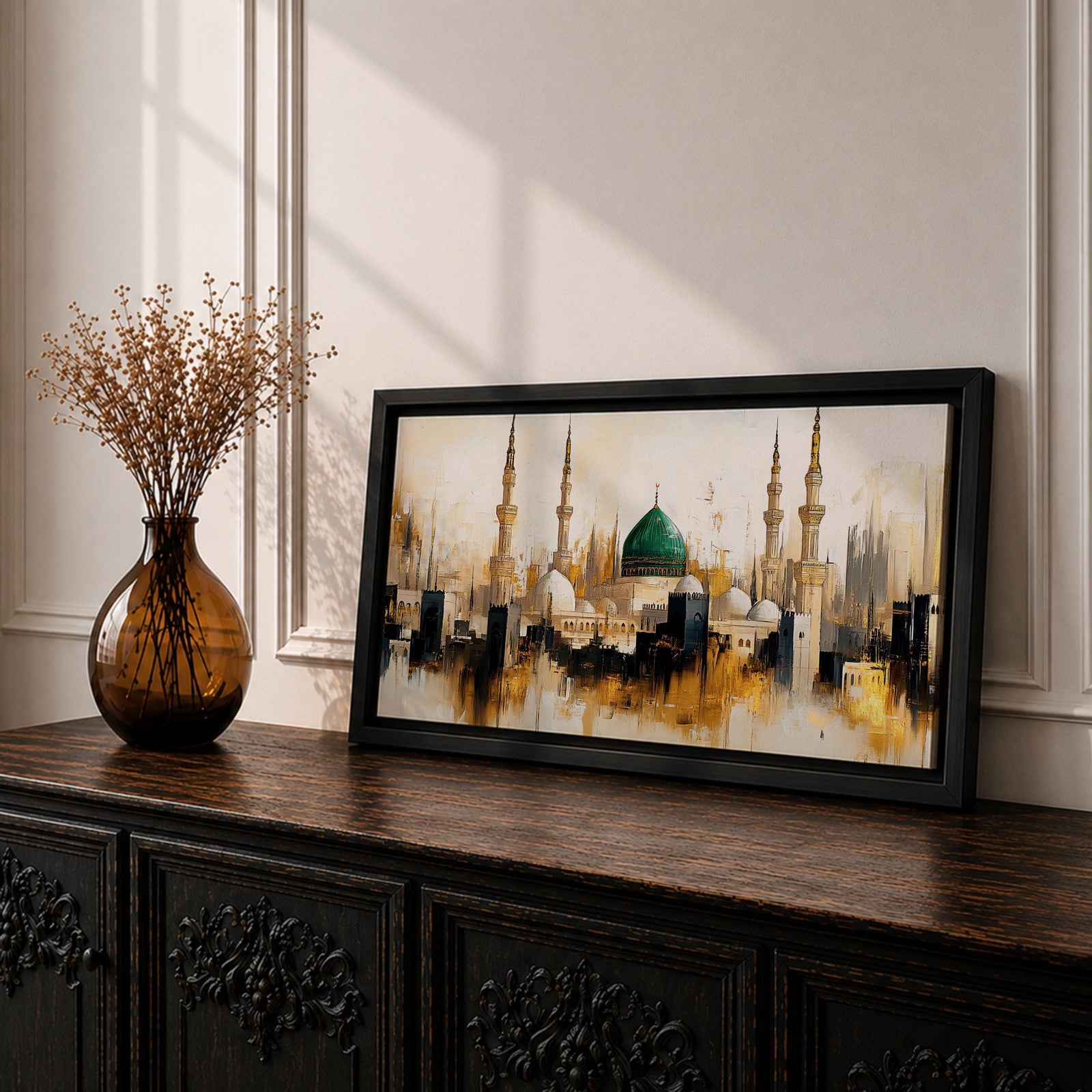 Panoramic painting depicting Masjid Nabawi in Madinah with the iconic green dome rising above the mosque complex surrounded by tall minarets and domes. The skyline is rendered with expressive brushstrokes and warm gold and neutral tones highlighting the sacred Islamic architecture.