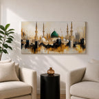 Panoramic painting depicting Masjid Nabawi in Madinah with the iconic green dome rising above the mosque complex surrounded by tall minarets and domes. The skyline is rendered with expressive brushstrokes and warm gold and neutral tones highlighting the sacred Islamic architecture.