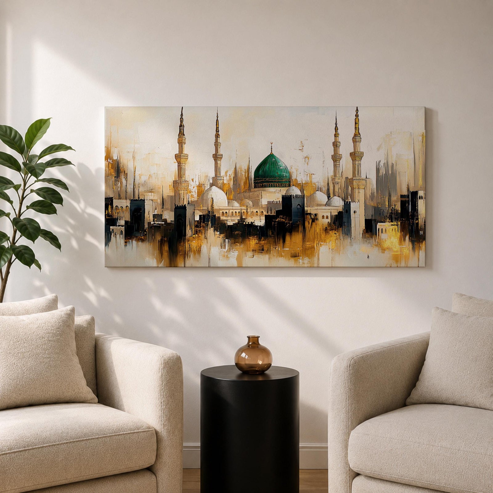 Panoramic painting depicting Masjid Nabawi in Madinah with the iconic green dome rising above the mosque complex surrounded by tall minarets and domes. The skyline is rendered with expressive brushstrokes and warm gold and neutral tones highlighting the sacred Islamic architecture.