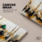 Panoramic painting depicting Masjid Nabawi in Madinah with the iconic green dome rising above the mosque complex surrounded by tall minarets and domes. The skyline is rendered with expressive brushstrokes and warm gold and neutral tones highlighting the sacred Islamic architecture.