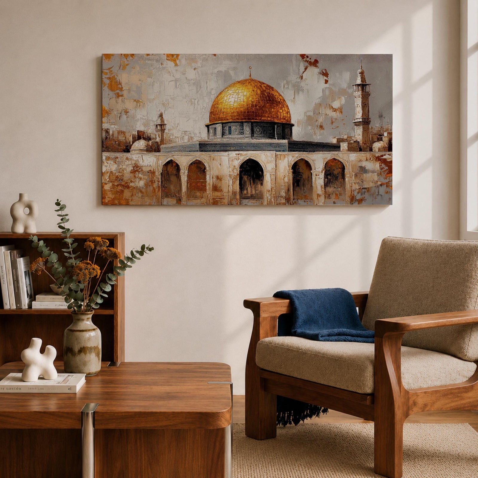 A panoramic painting depicting the golden Dome of the Rock with its bright gilded dome rising above stone arches and historic architecture, accompanied by a tall minaret and surrounding structures, rendered with textured brushstrokes and warm earth tones against a pale sky emphasizing the iconic silhouette of the sacred Jerusalem landmark.
