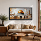 A panoramic painting depicting the golden Dome of the Rock with its bright gilded dome rising above stone arches and historic architecture, accompanied by a tall minaret and surrounding structures, rendered with textured brushstrokes and warm earth tones against a pale sky emphasizing the iconic silhouette of the sacred Jerusalem landmark.