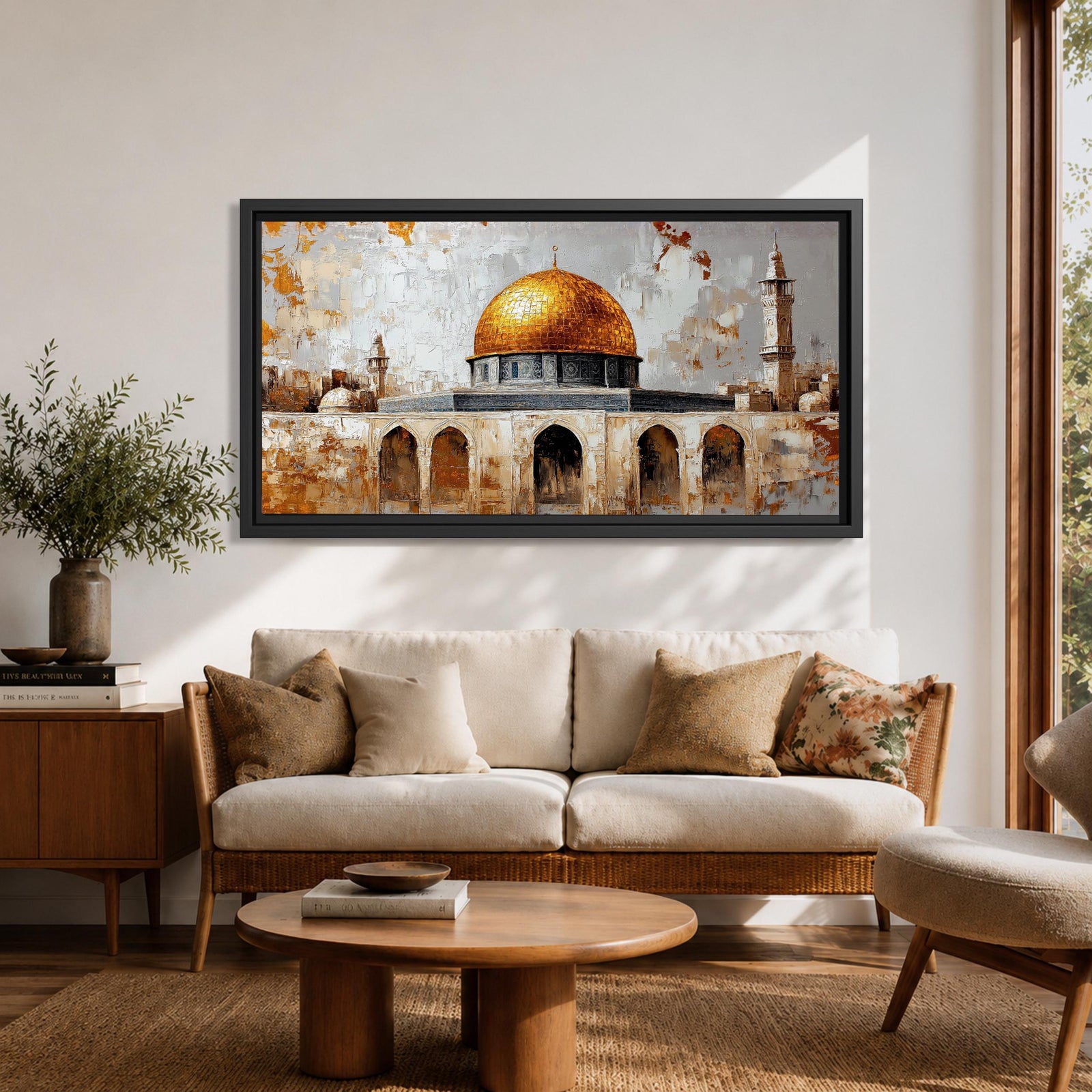 A panoramic painting depicting the golden Dome of the Rock with its bright gilded dome rising above stone arches and historic architecture, accompanied by a tall minaret and surrounding structures, rendered with textured brushstrokes and warm earth tones against a pale sky emphasizing the iconic silhouette of the sacred Jerusalem landmark.