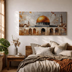 A panoramic painting depicting the golden Dome of the Rock with its bright gilded dome rising above stone arches and historic architecture, accompanied by a tall minaret and surrounding structures, rendered with textured brushstrokes and warm earth tones against a pale sky emphasizing the iconic silhouette of the sacred Jerusalem landmark.