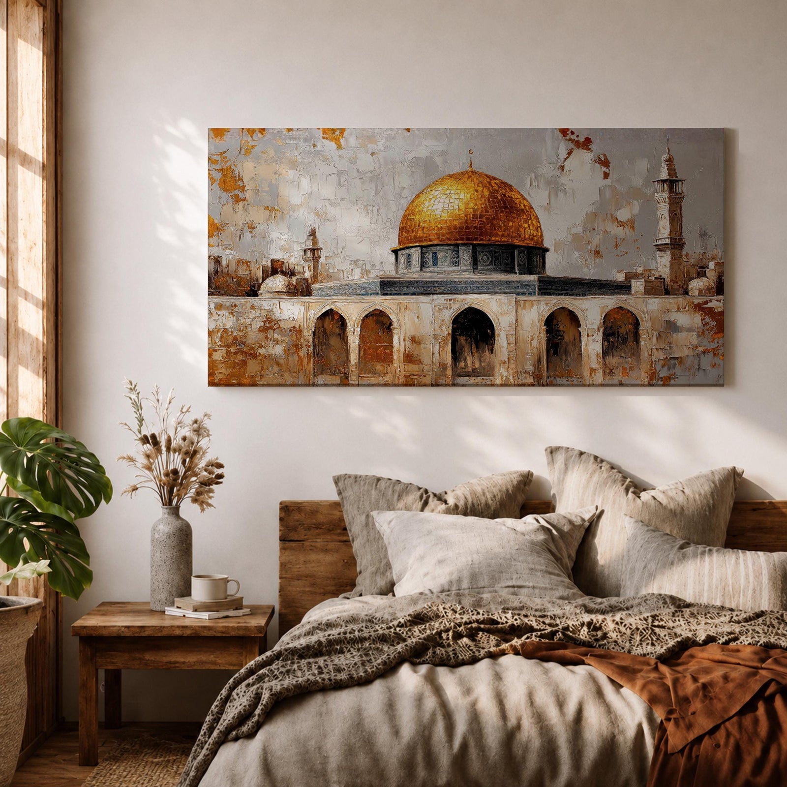 A panoramic painting depicting the golden Dome of the Rock with its bright gilded dome rising above stone arches and historic architecture, accompanied by a tall minaret and surrounding structures, rendered with textured brushstrokes and warm earth tones against a pale sky emphasizing the iconic silhouette of the sacred Jerusalem landmark.