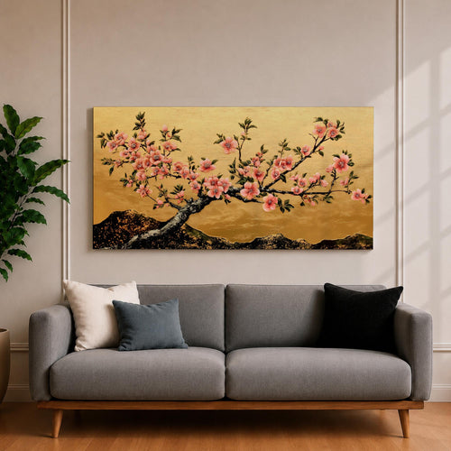 A panoramic painting of a flowering cherry blossom branch extending across the composition with clusters of soft pink sakura flowers and dark textured bark, set against a rich gold background with distant mountain silhouettes, rendered in a Japanese inspired style with detailed petals and balanced horizontal composition.
