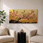 A panoramic painting of a flowering cherry blossom branch extending across the composition with clusters of soft pink sakura flowers and dark textured bark, set against a rich gold background with distant mountain silhouettes, rendered in a Japanese inspired style with detailed petals and balanced horizontal composition.