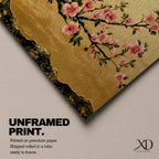 A panoramic painting of a flowering cherry blossom branch extending across the composition with clusters of soft pink sakura flowers and dark textured bark, set against a rich gold background with distant mountain silhouettes, rendered in a Japanese inspired style with detailed petals and balanced horizontal composition.