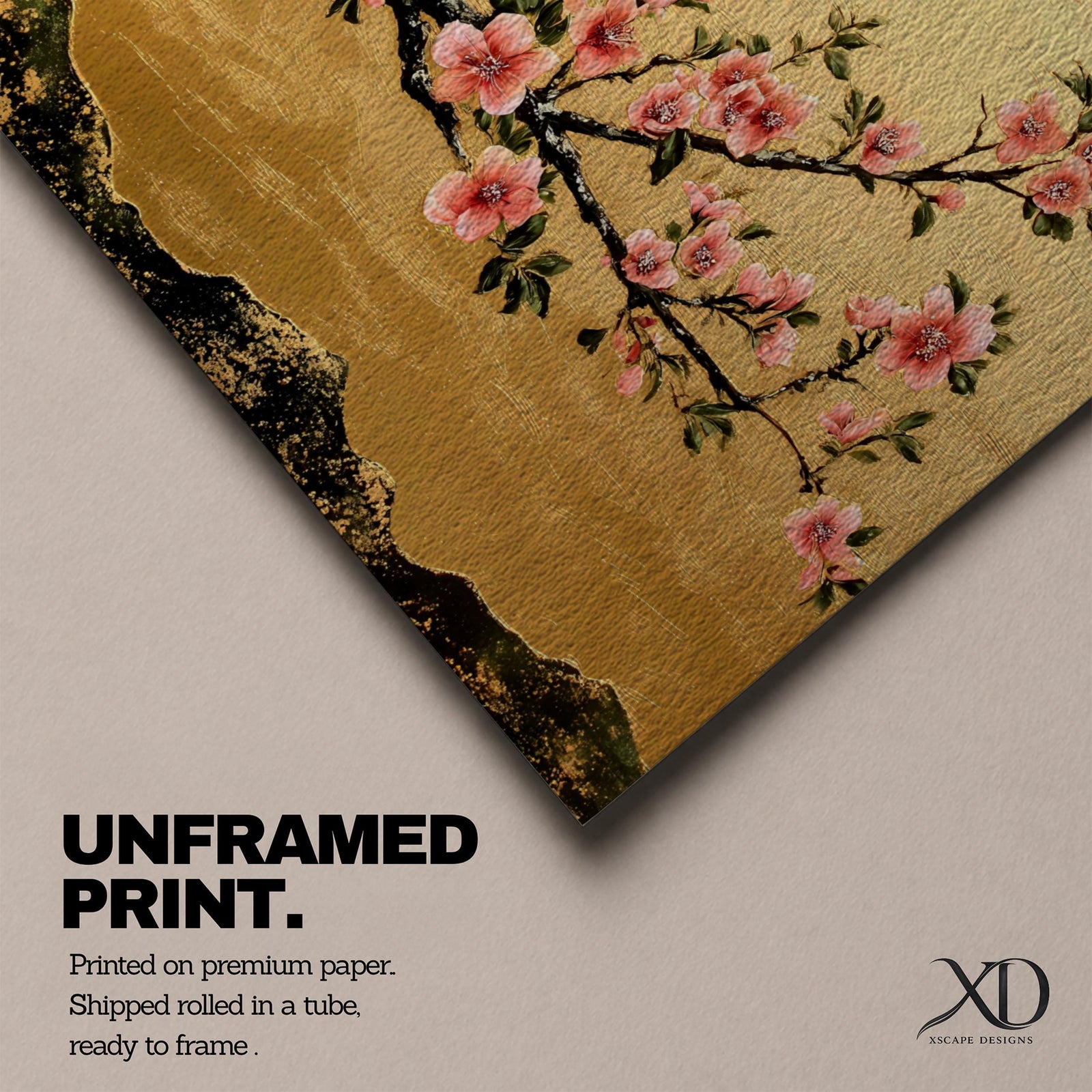 A panoramic painting of a flowering cherry blossom branch extending across the composition with clusters of soft pink sakura flowers and dark textured bark, set against a rich gold background with distant mountain silhouettes, rendered in a Japanese inspired style with detailed petals and balanced horizontal composition.