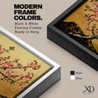 A panoramic painting of a flowering cherry blossom branch extending across the composition with clusters of soft pink sakura flowers and dark textured bark, set against a rich gold background with distant mountain silhouettes, rendered in a Japanese inspired style with detailed petals and balanced horizontal composition.