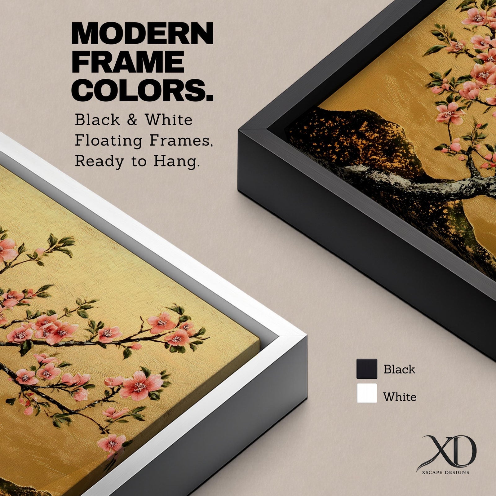 A panoramic painting of a flowering cherry blossom branch extending across the composition with clusters of soft pink sakura flowers and dark textured bark, set against a rich gold background with distant mountain silhouettes, rendered in a Japanese inspired style with detailed petals and balanced horizontal composition.
