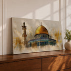 A panoramic painting of the Dome of the Rock featuring the iconic golden dome rising above detailed blue and turquoise tile architecture with a nearby minaret, rendered with textured brushstrokes and warm golden tones that highlight the historic Islamic shrine in Jerusalem.