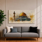 A panoramic painting of the Dome of the Rock featuring the iconic golden dome rising above detailed blue and turquoise tile architecture with a nearby minaret, rendered with textured brushstrokes and warm golden tones that highlight the historic Islamic shrine in Jerusalem.