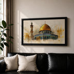 A panoramic painting of the Dome of the Rock featuring the iconic golden dome rising above detailed blue and turquoise tile architecture with a nearby minaret, rendered with textured brushstrokes and warm golden tones that highlight the historic Islamic shrine in Jerusalem.