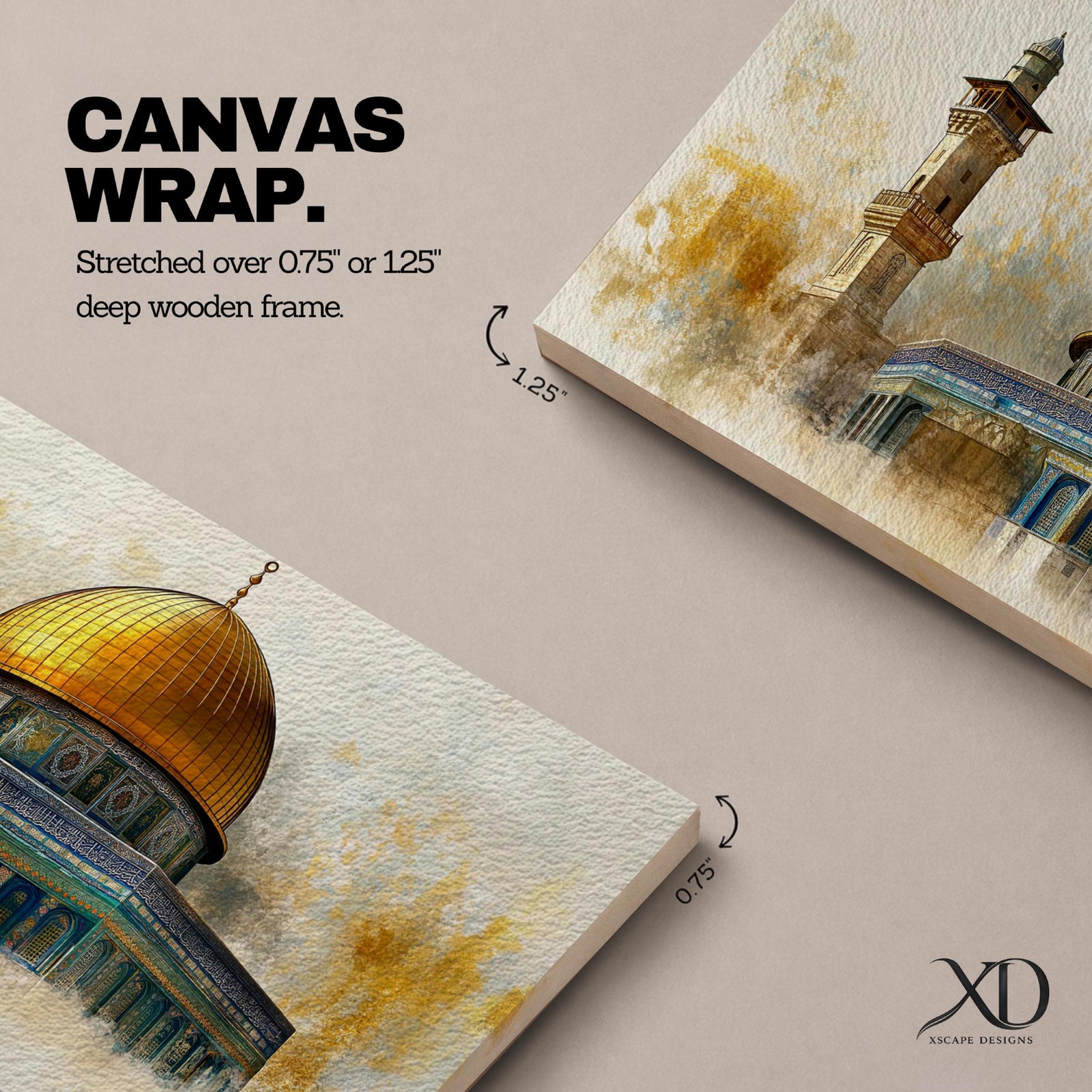 A panoramic painting of the Dome of the Rock featuring the iconic golden dome rising above detailed blue and turquoise tile architecture with a nearby minaret, rendered with textured brushstrokes and warm golden tones that highlight the historic Islamic shrine in Jerusalem.