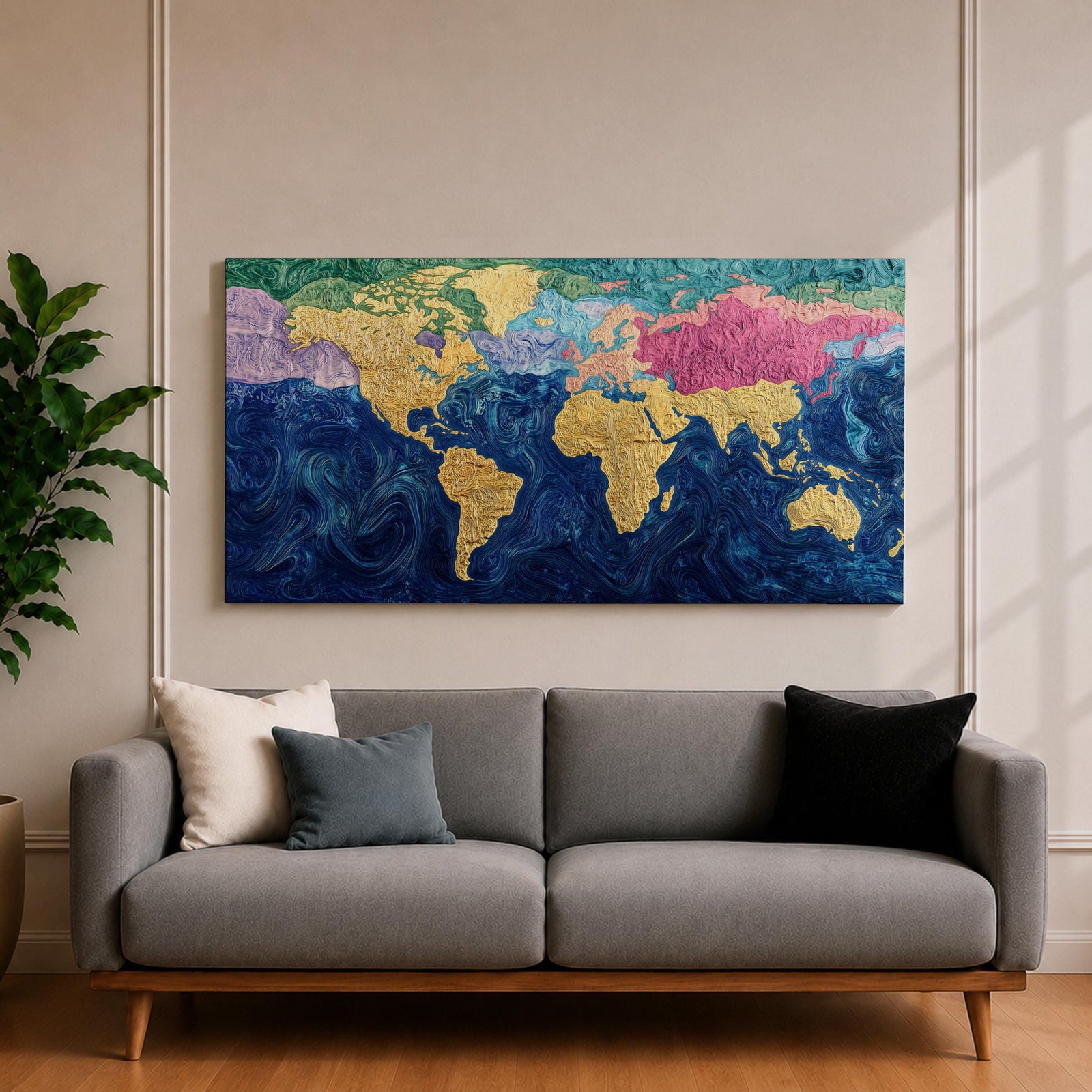 A panoramic abstract world map painting showing continents in raised textured gold tones surrounded by deep swirling blue oceans, with regions highlighted in pastel shades across Europe, Asia, and North America, creating a modern atlas style composition with rich brushwork and layered surface texture.