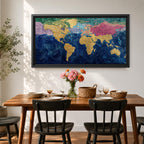 A panoramic abstract world map painting showing continents in raised textured gold tones surrounded by deep swirling blue oceans, with regions highlighted in pastel shades across Europe, Asia, and North America, creating a modern atlas style composition with rich brushwork and layered surface texture.