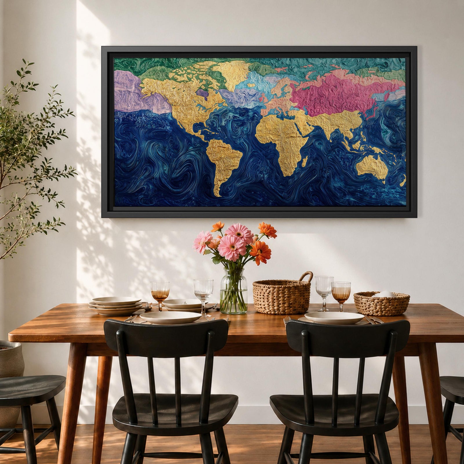 A panoramic abstract world map painting showing continents in raised textured gold tones surrounded by deep swirling blue oceans, with regions highlighted in pastel shades across Europe, Asia, and North America, creating a modern atlas style composition with rich brushwork and layered surface texture.