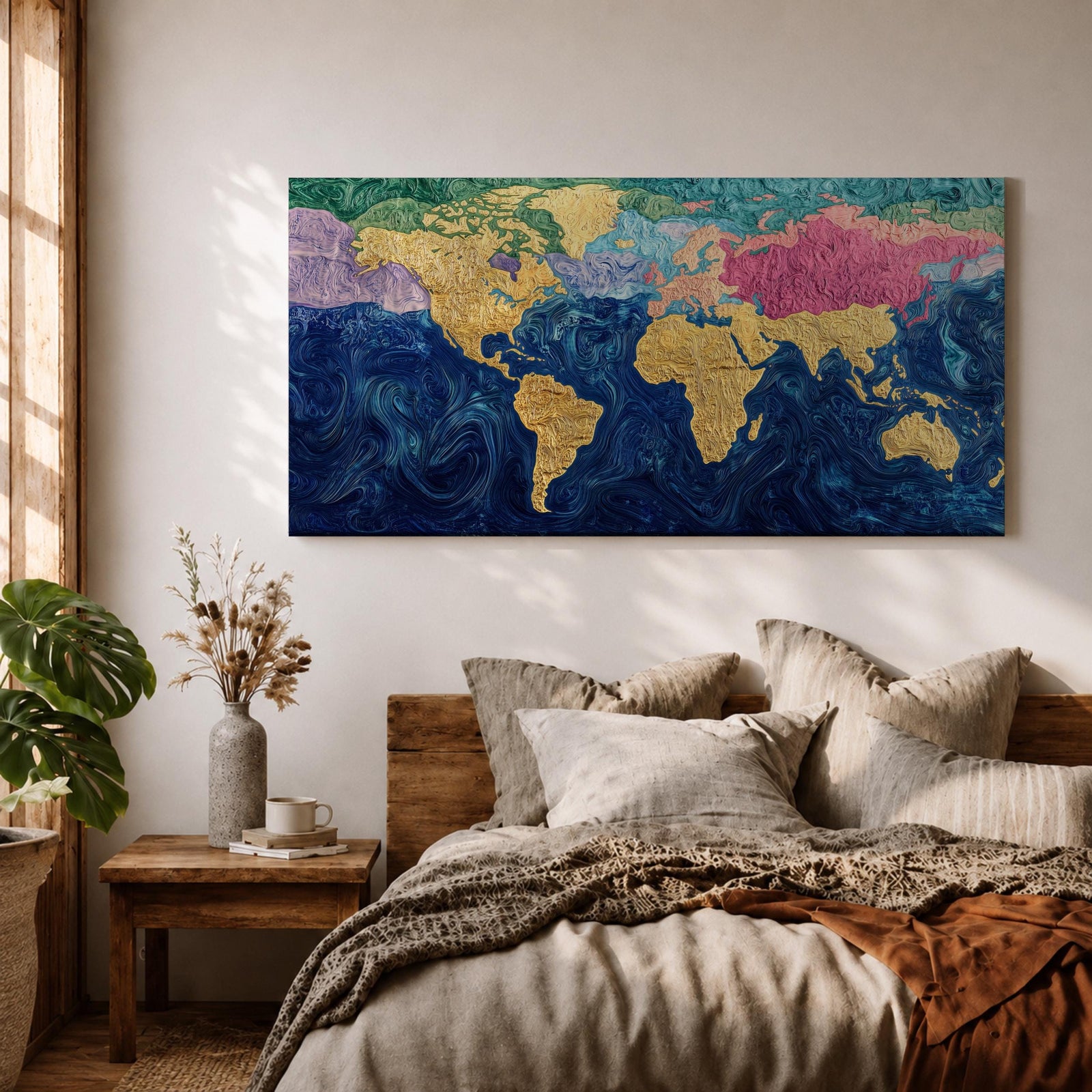 A panoramic abstract world map painting showing continents in raised textured gold tones surrounded by deep swirling blue oceans, with regions highlighted in pastel shades across Europe, Asia, and North America, creating a modern atlas style composition with rich brushwork and layered surface texture.