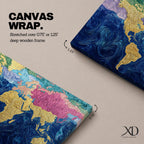A panoramic abstract world map painting showing continents in raised textured gold tones surrounded by deep swirling blue oceans, with regions highlighted in pastel shades across Europe, Asia, and North America, creating a modern atlas style composition with rich brushwork and layered surface texture.