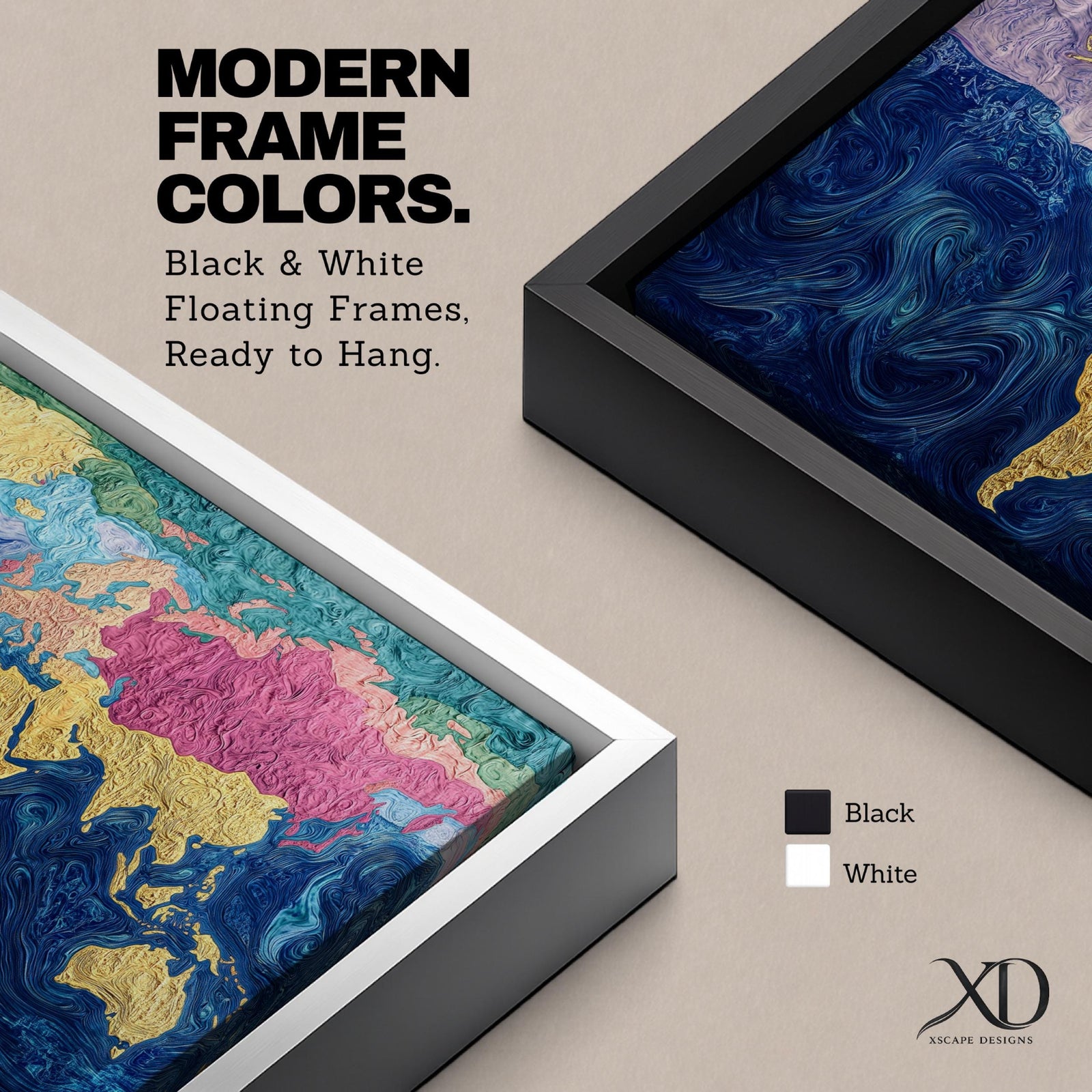 A panoramic abstract world map painting showing continents in raised textured gold tones surrounded by deep swirling blue oceans, with regions highlighted in pastel shades across Europe, Asia, and North America, creating a modern atlas style composition with rich brushwork and layered surface texture.