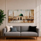 A panoramic painting of Masjid Al Nabawi in Medina featuring the iconic green dome centered among elegant mosque arches and tall minarets, rendered with textured brushstrokes and warm beige and gold tones that highlight the sacred architecture and expansive courtyard of the historic Islamic landmark.