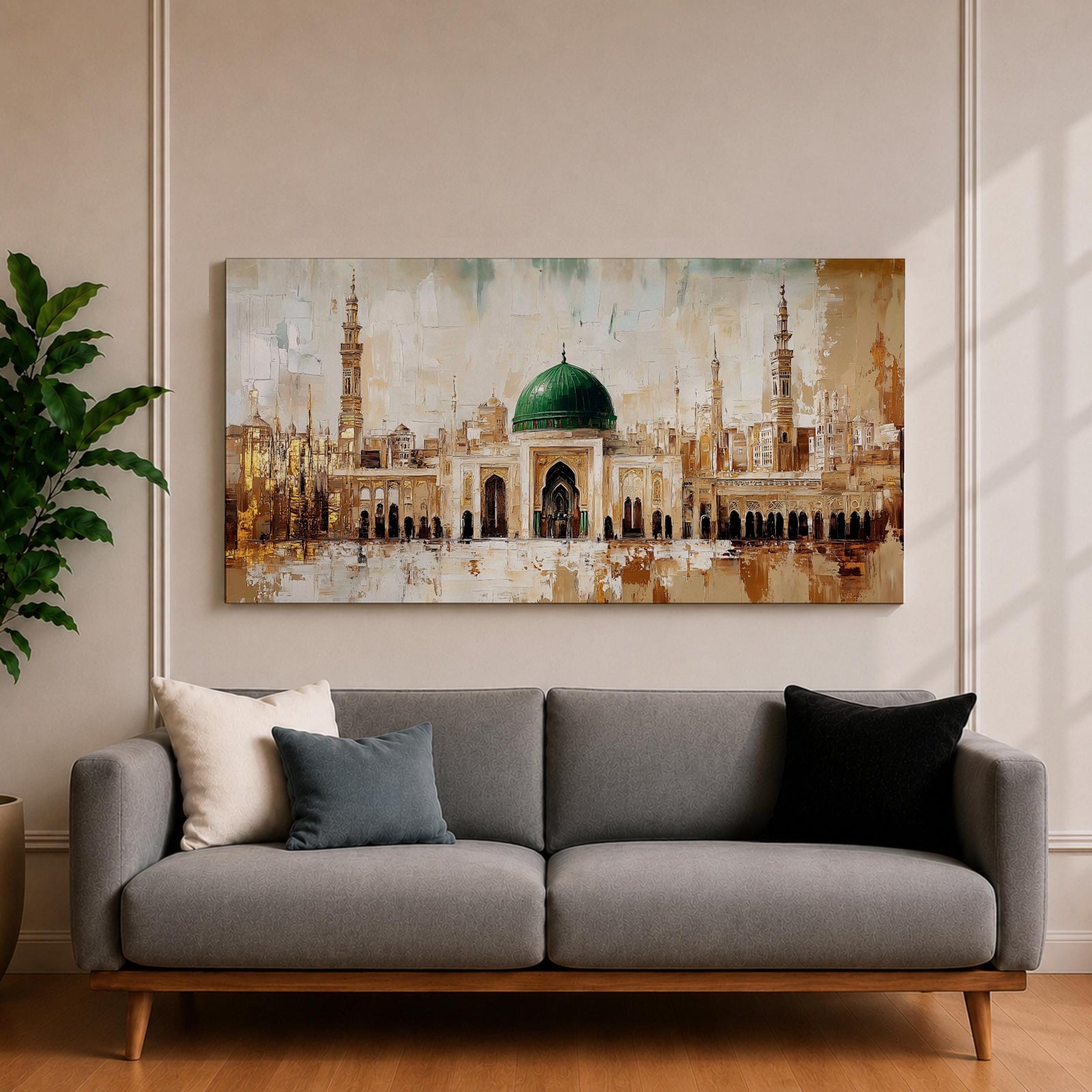 A panoramic painting of Masjid Al Nabawi in Medina featuring the iconic green dome centered among elegant mosque arches and tall minarets, rendered with textured brushstrokes and warm beige and gold tones that highlight the sacred architecture and expansive courtyard of the historic Islamic landmark.